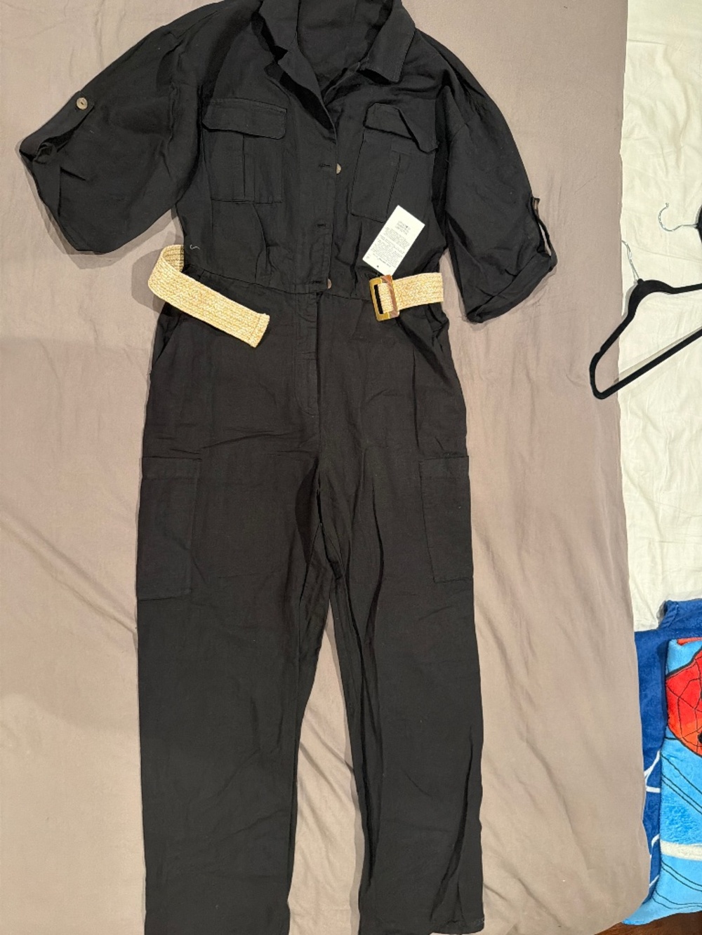 Zara Black Linen Blend Utility Jumpsuit with Woven Belt NWT Size Medium